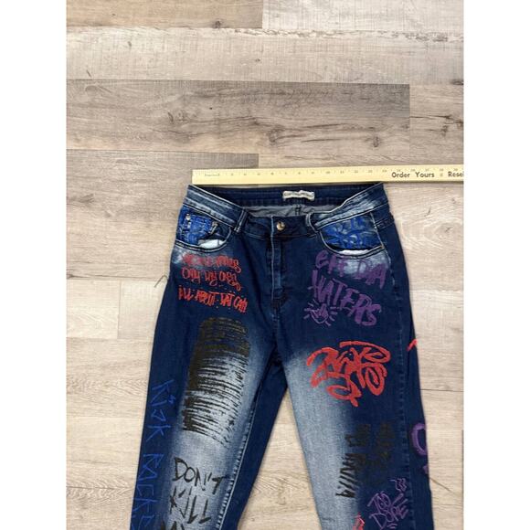 Blue Connection Distressed Graffiti Jeans Womens 15 Blue Denim 5 Pockets Preppy - Picture 5 of 13